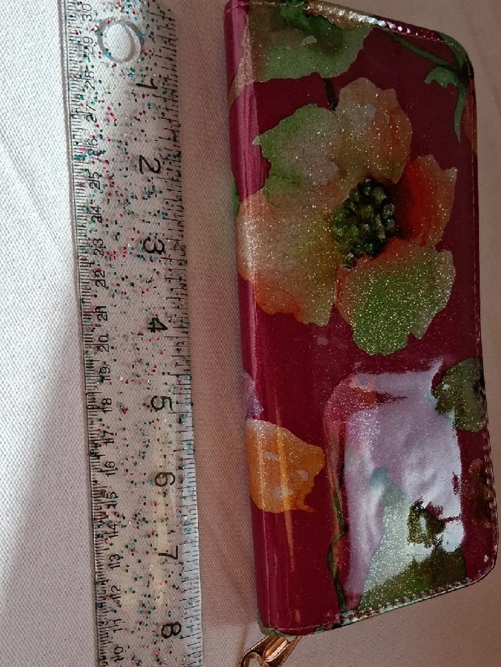 Glittery Floral Print Women's Wallet - Pink Green